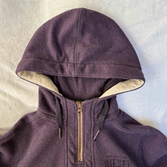 Diesel Half Zip Hoodie L Dark Plum Purple Embroidered Logo Kangaroo Pocket - Picture 12 of 12
